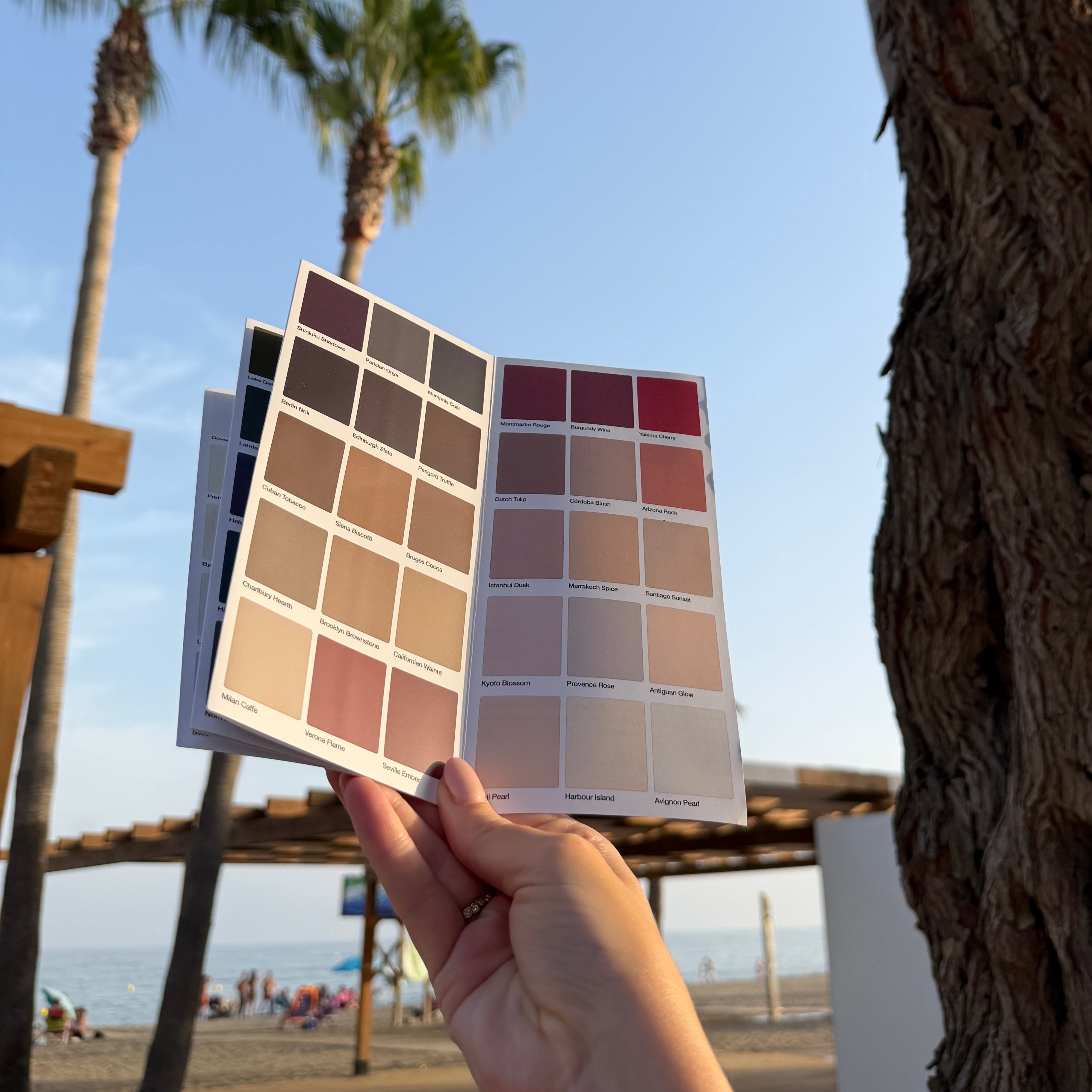 A hand holds an open color swatch book showing various neutral and earthy color options, set against a sunny beach background with palm trees and a large tree trunk.