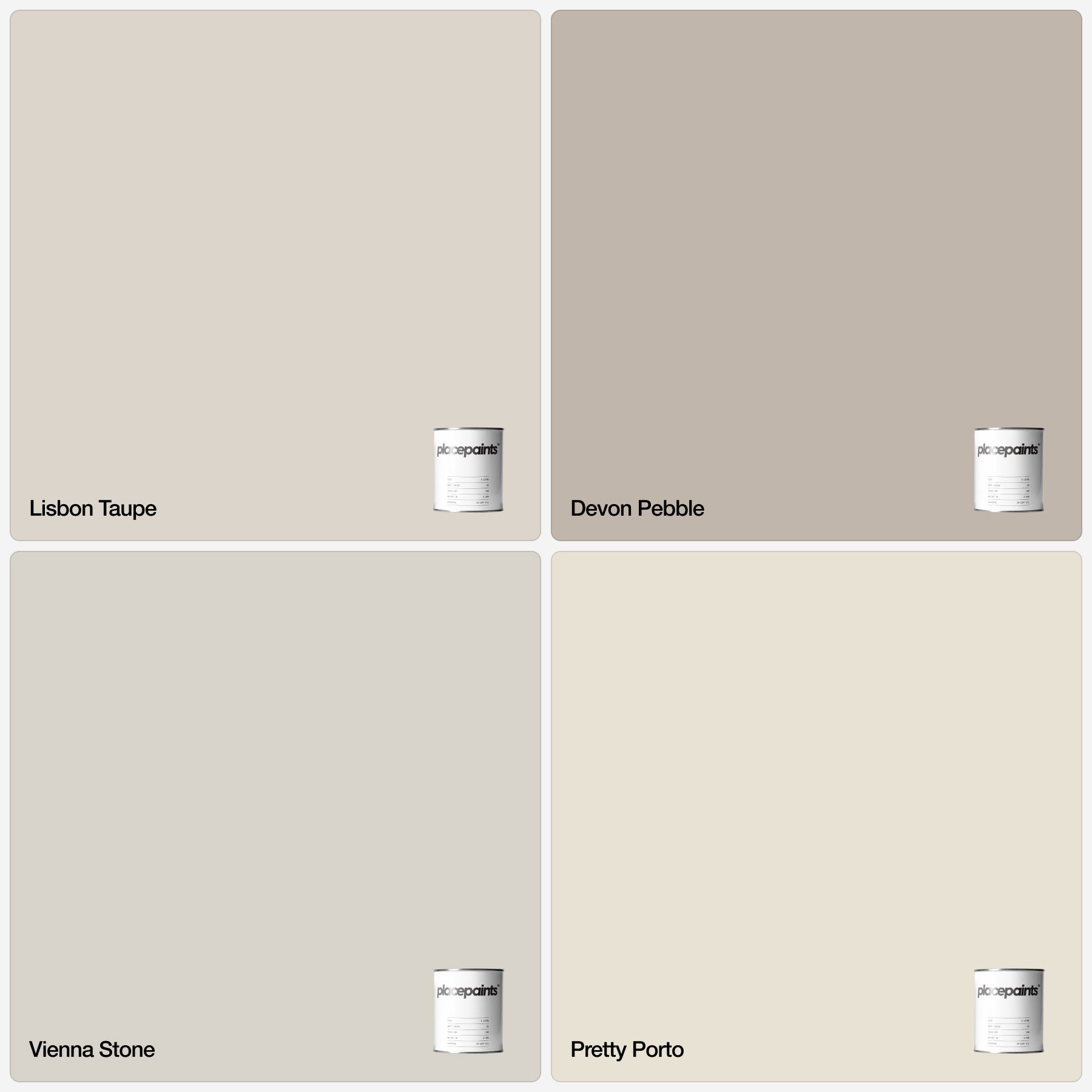 Placepaints The Perfect Neutrals sample bundle – four premium matt emulsion paint sample pots in warm neutral tones