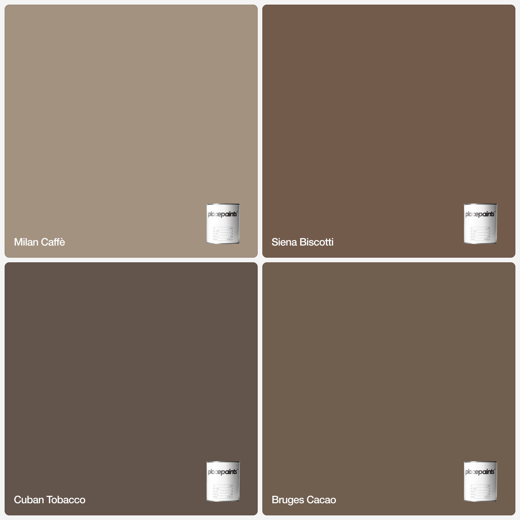 Placepaints The Indulgent Browns sample bundle – four premium matt emulsion paint sample pots in rich earthy browns