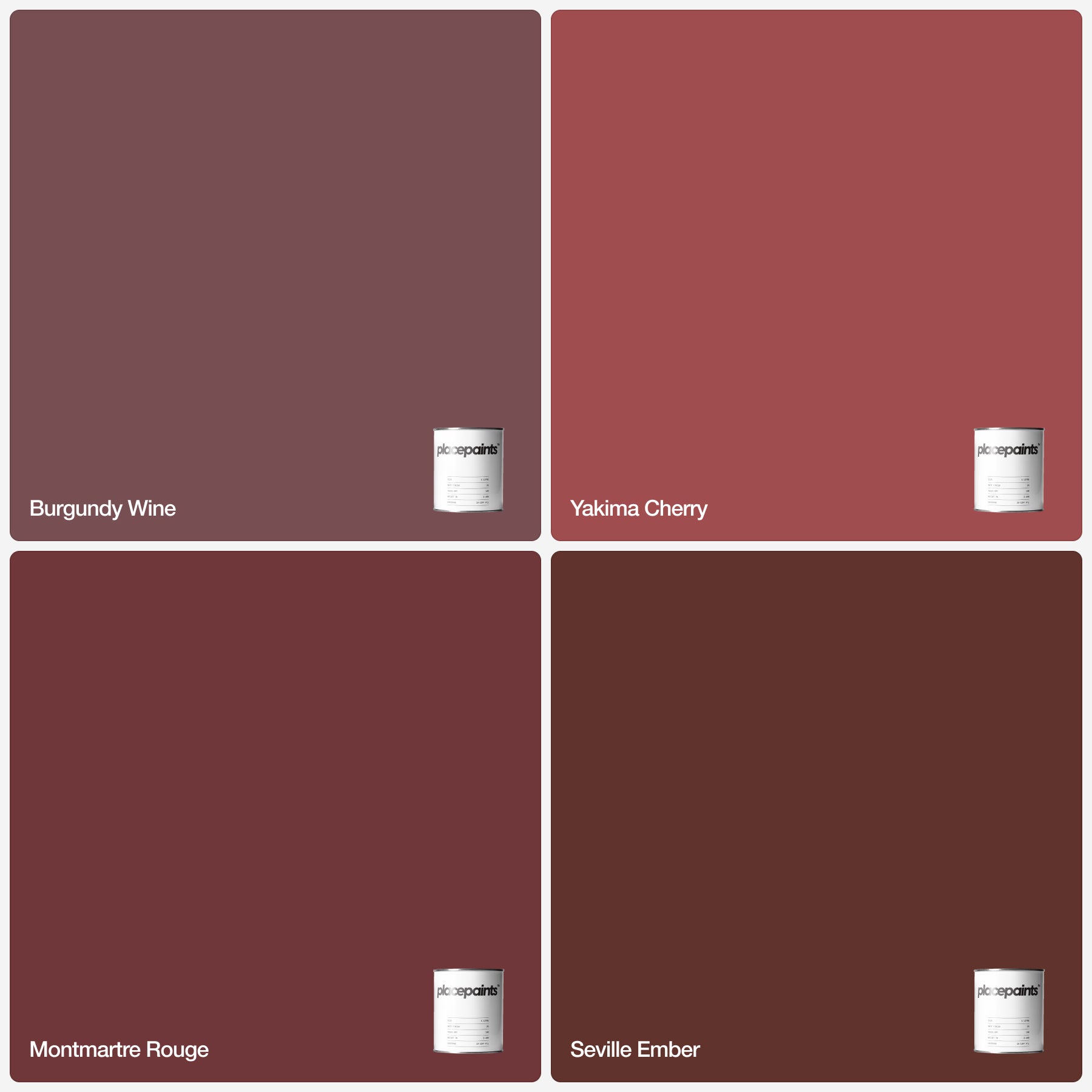 Placepaints The Romantic Reds sample bundle – four premium matt emulsion paint sample pots in deep reds and burgundies