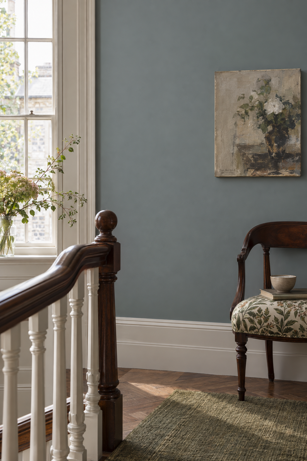 Placepaints Geneva Fog paint — Stair Landing · tight vignette